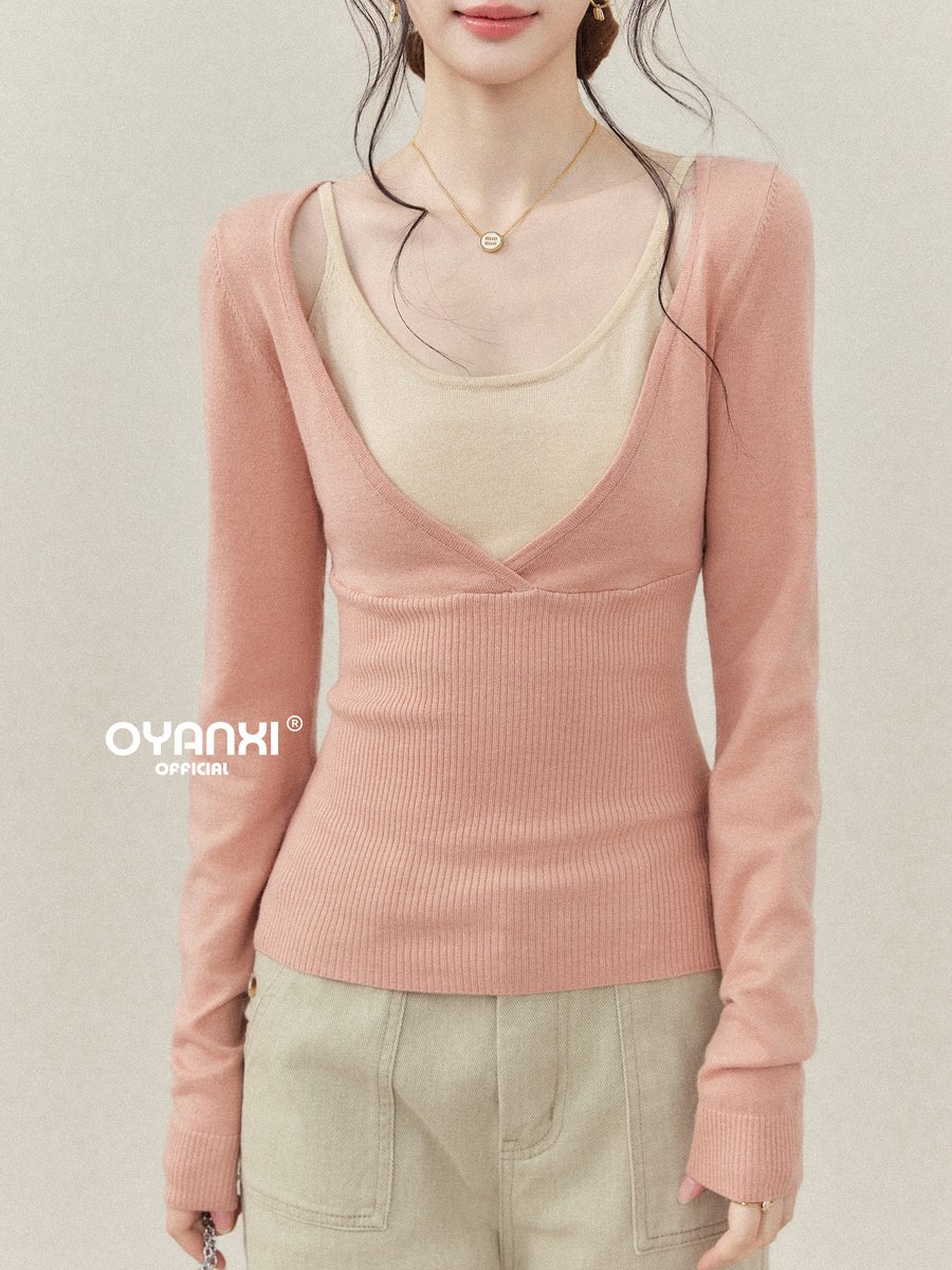 OYANXI フェイクレイヤード スリム 長袖ニットトップス