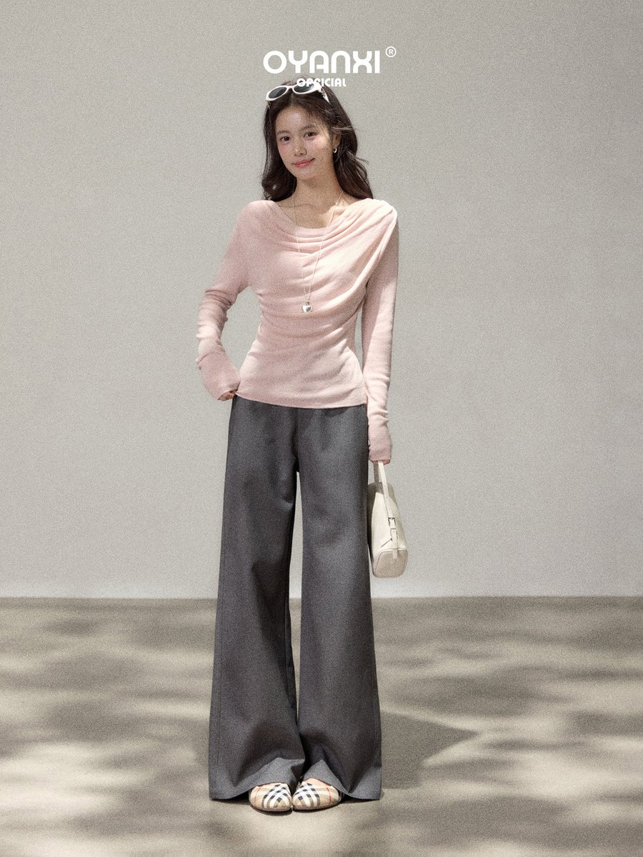 OYANXI ドレープネック ギャザー 長袖ニットトップス