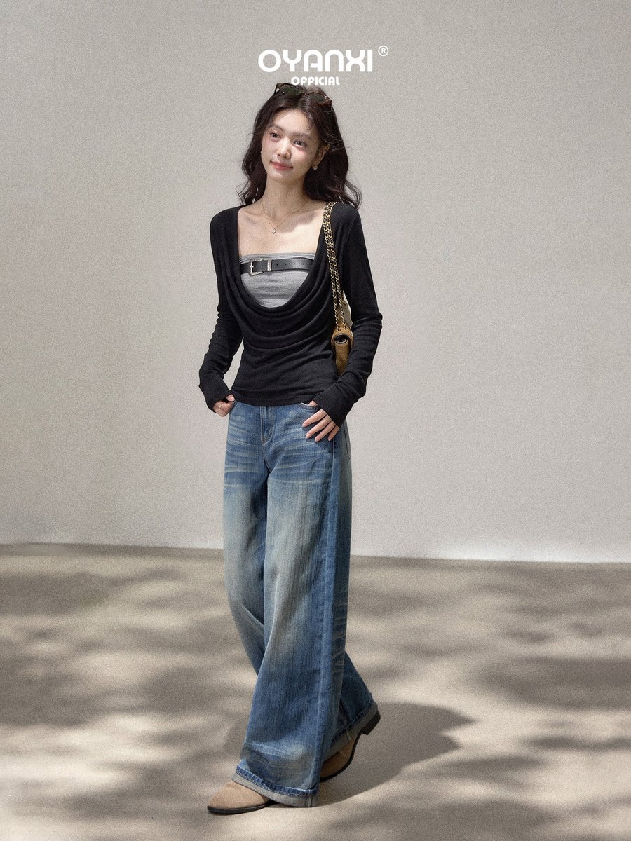 OYANXI フェイクレイヤード ギャザー Vネック 長袖Tシャツ