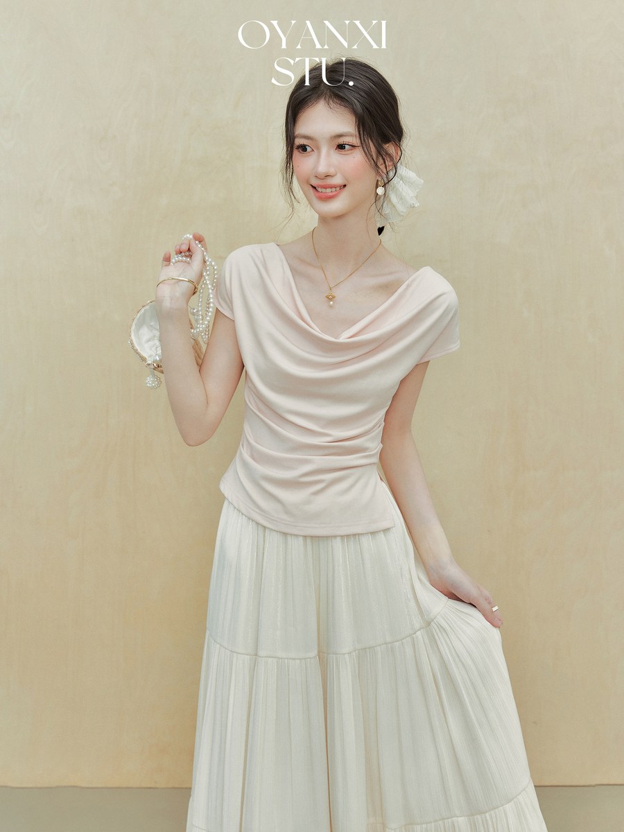 OYANXI ドレープネック ウエストシェイプ 半袖Tシャツ