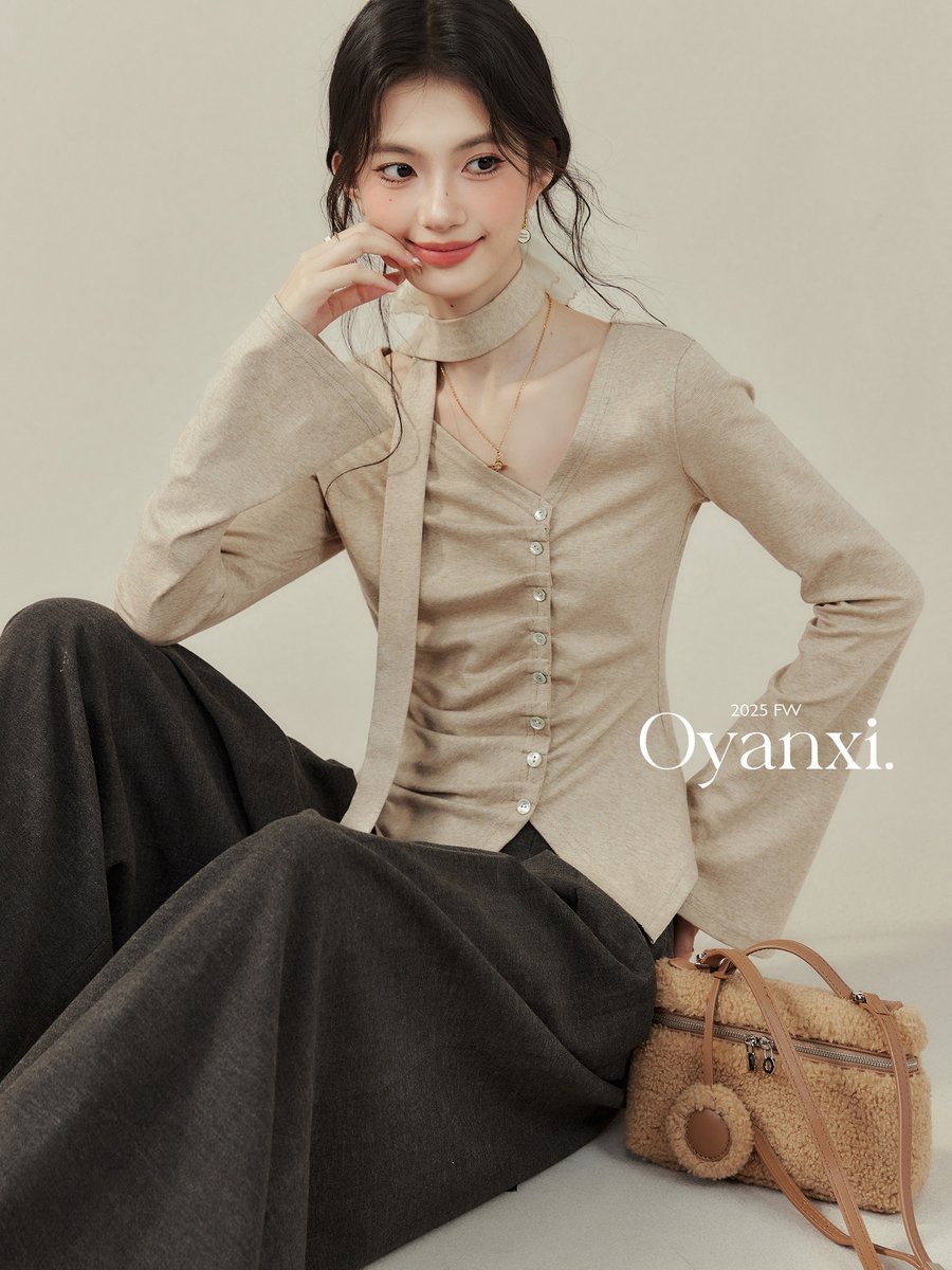 OYANXI ワンショルダー リボン 長袖Tシャツ