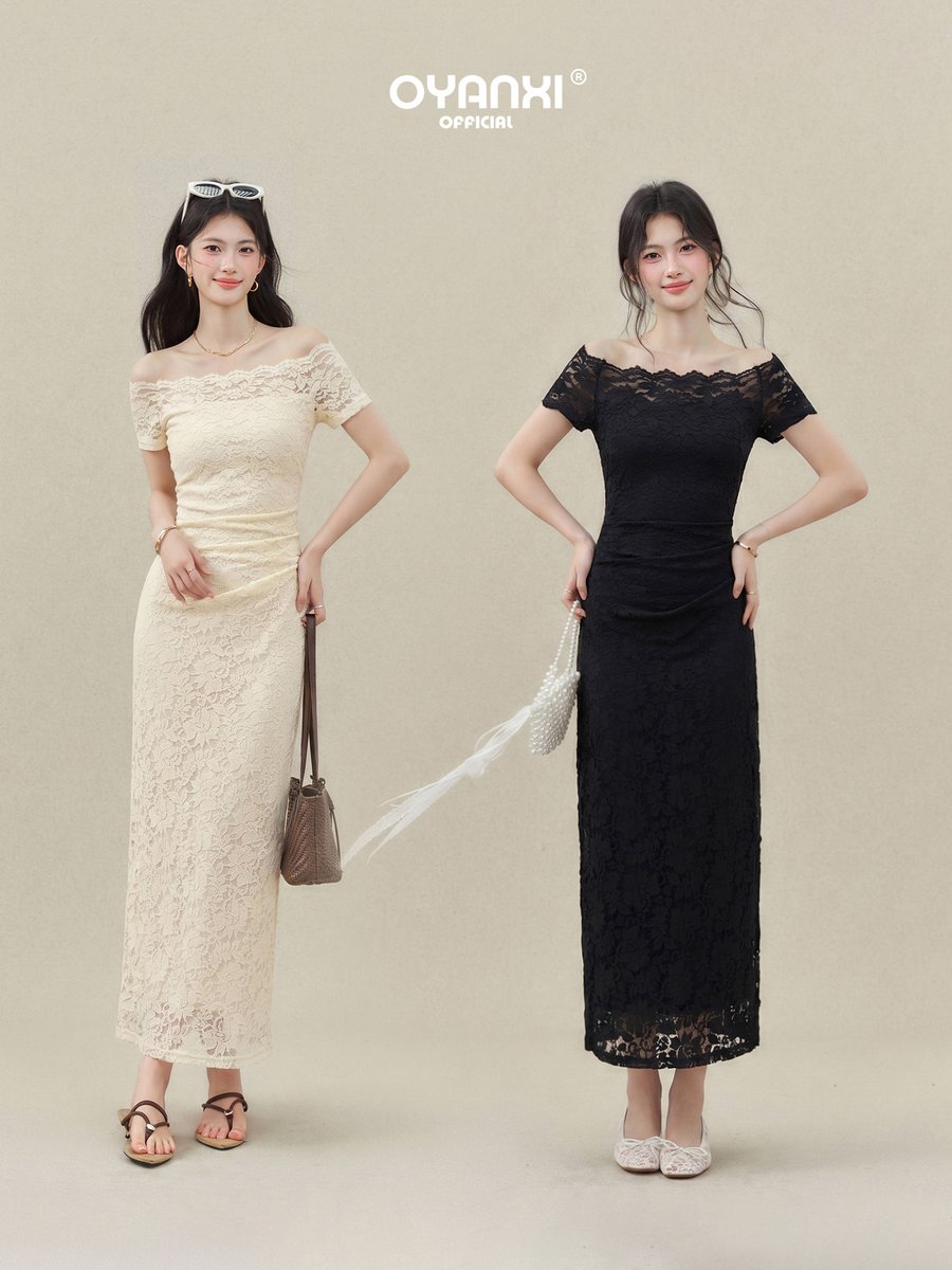 OYANXI レース オフショルダー ウエストシェイプ 半袖ワンピース