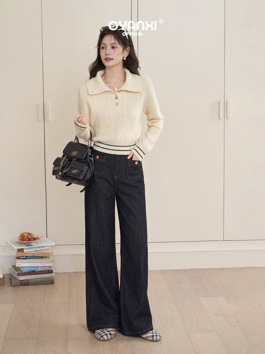 OYANXI レトロ ハイウエスト ロング丈 ワイドデニムパンツ