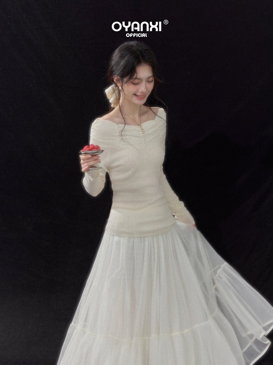OYANXI オフショルダー パール装飾 スリム 長袖ニット