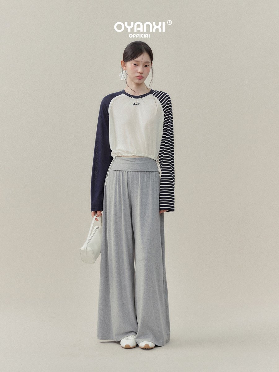 OYANXI アシンメトリー 配色 ドロストヘム 長袖Tシャツ