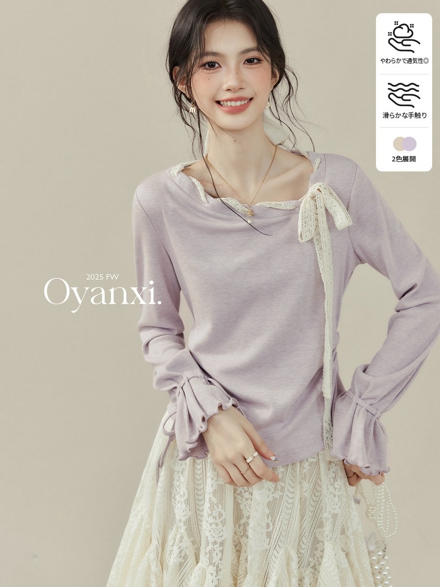 OYANXI リボン フレアスリーブ 長袖Tシャツ パープル
