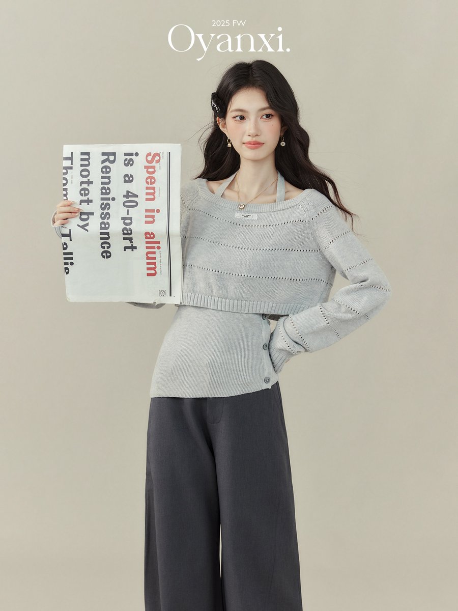 OYANXI ハイウエスト ストレート ワイドパンツ グレー