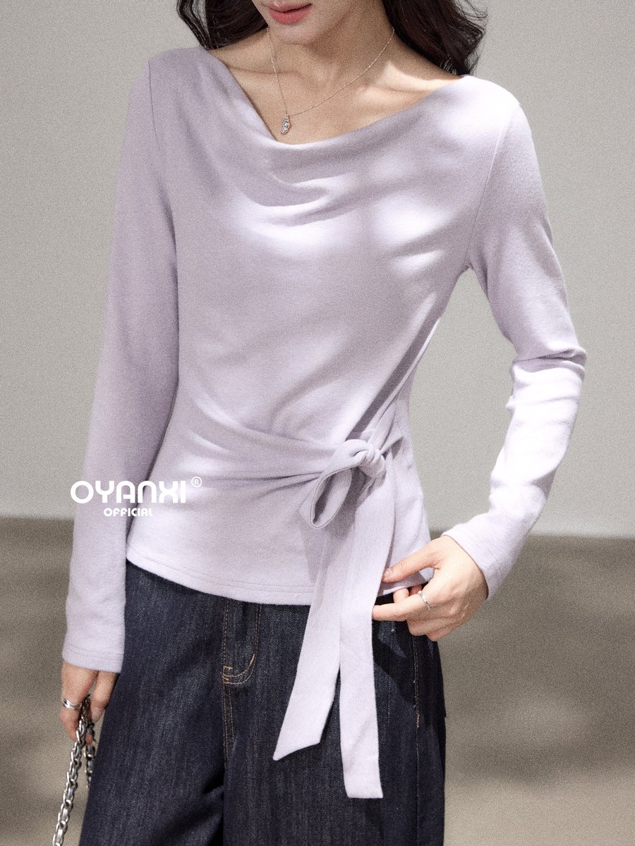 OYANXI ウエストリボン シンプル 長袖Tシャツ