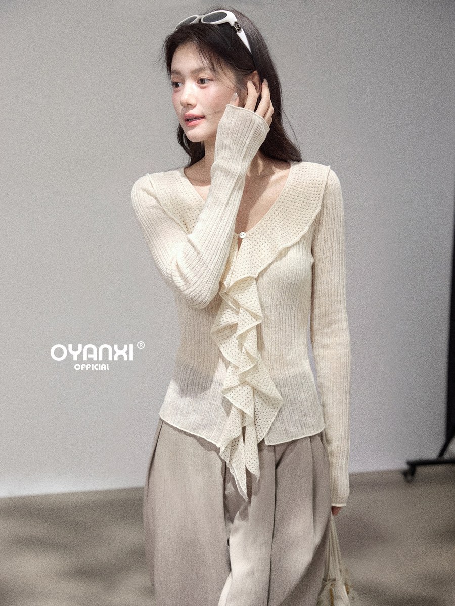OYANXI レーストリム Vネック ウエストシェイプ ニットカーディガン
