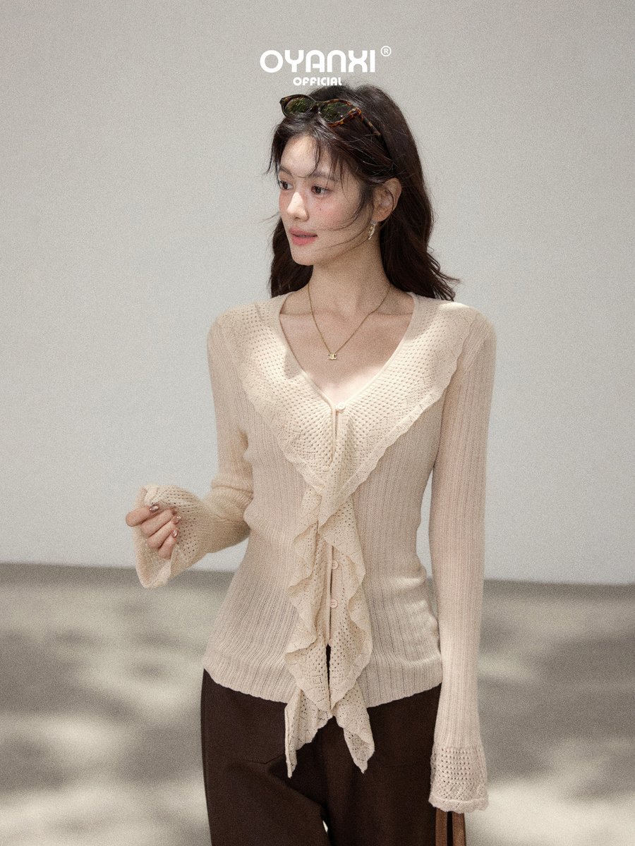 OYANXI 透かし編み Vネック フリル スリム 長袖ニット