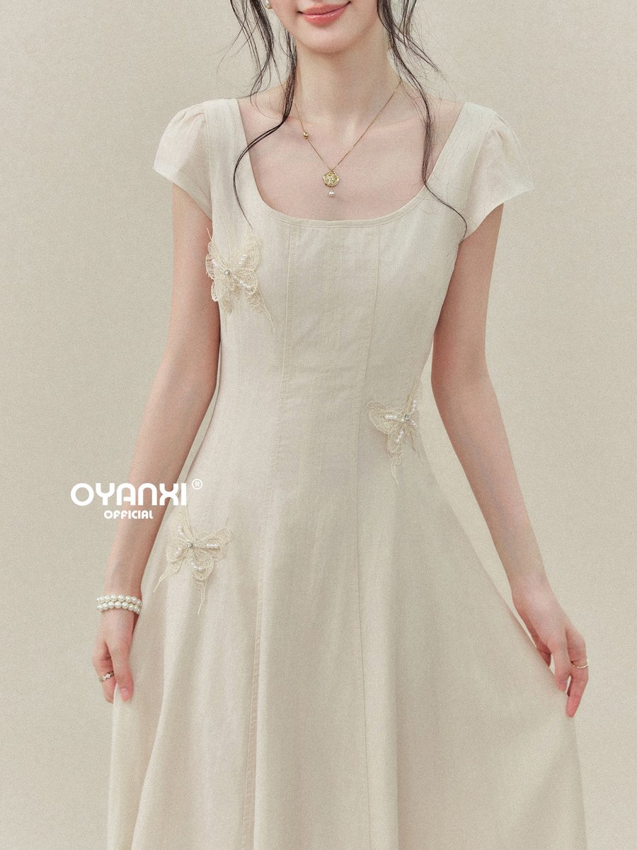 OYANXI 蝶刺繍 スクエアネック ウエストシェイプ ワンピース