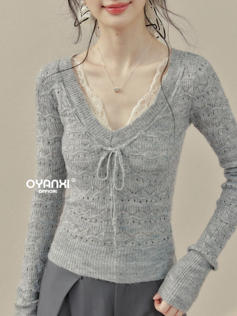 OYANXI 透かし編み リボン ショート丈Vネックニット