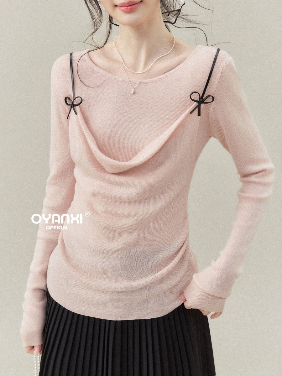 OYANXI キャミレイヤード ドレープネック 長袖ニット