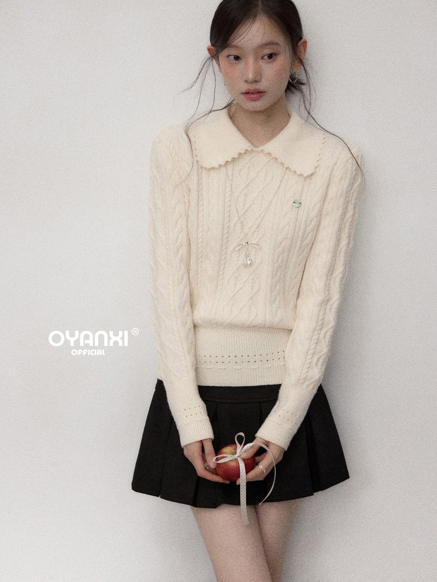 OYANXI 折り襟 透かしリブ編み ウエストシェイプ 長袖ニット