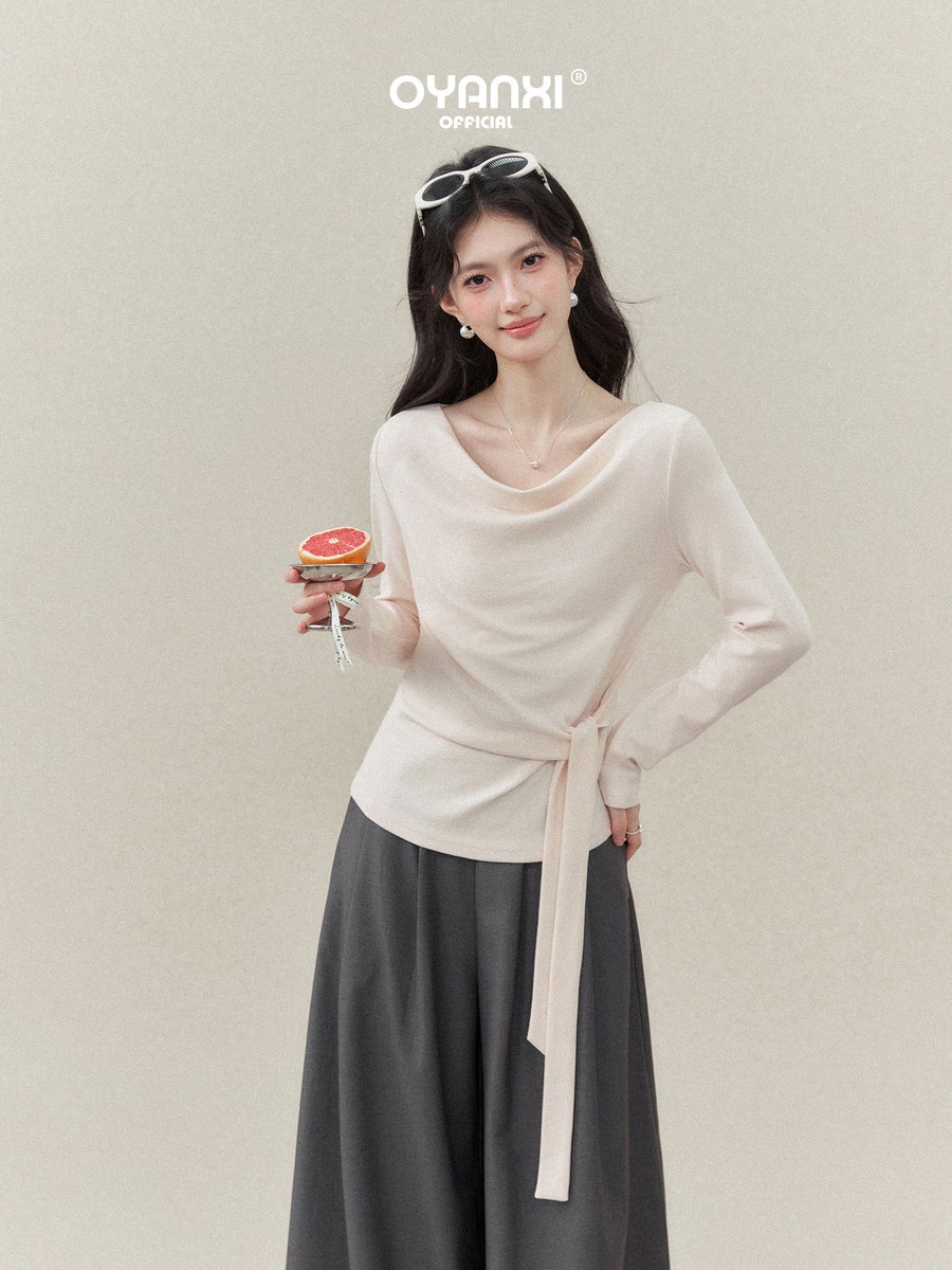 OYANXI ドレープネック サイドリボン 長袖Tシャツ