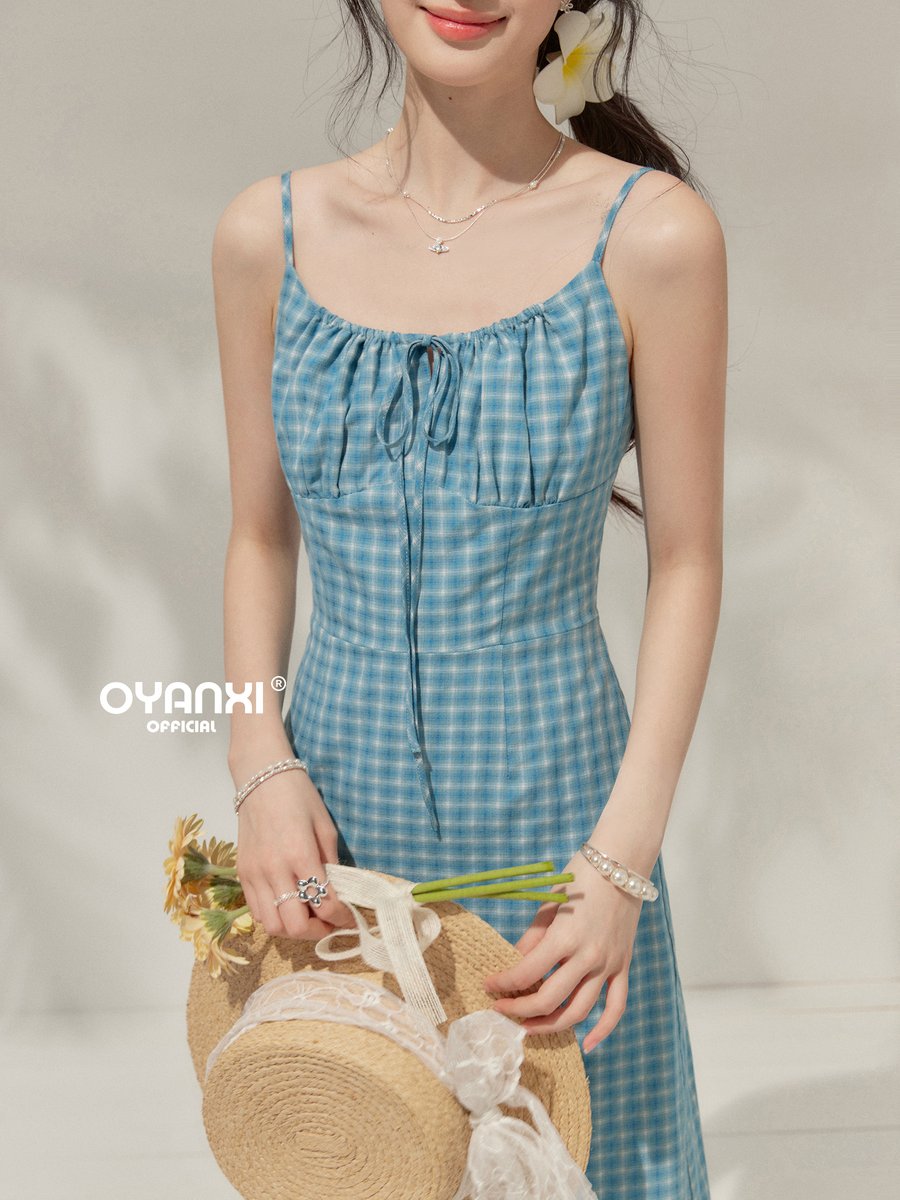 OYANXI チェック柄 サイドスリット キャミロングワンピース