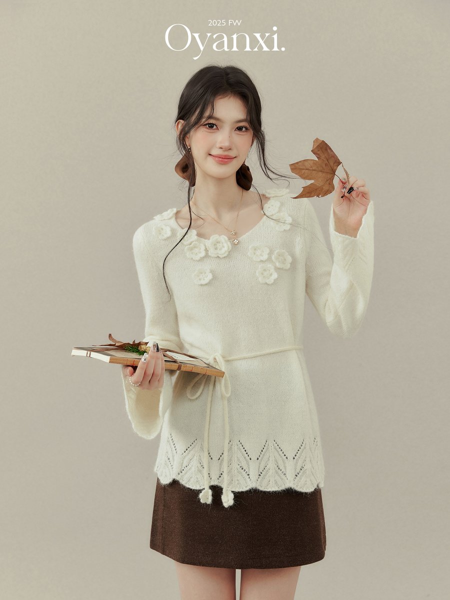 OYANXI 立体フラワー モチーフ ニットセーター