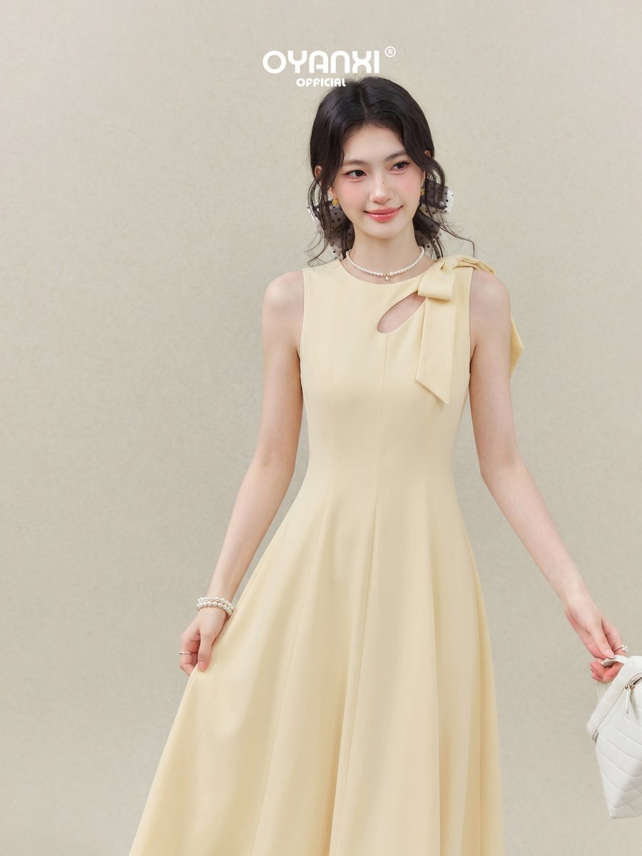 OYANXI リボン ノースリーブ ウエストシェイプ ロングワンピース