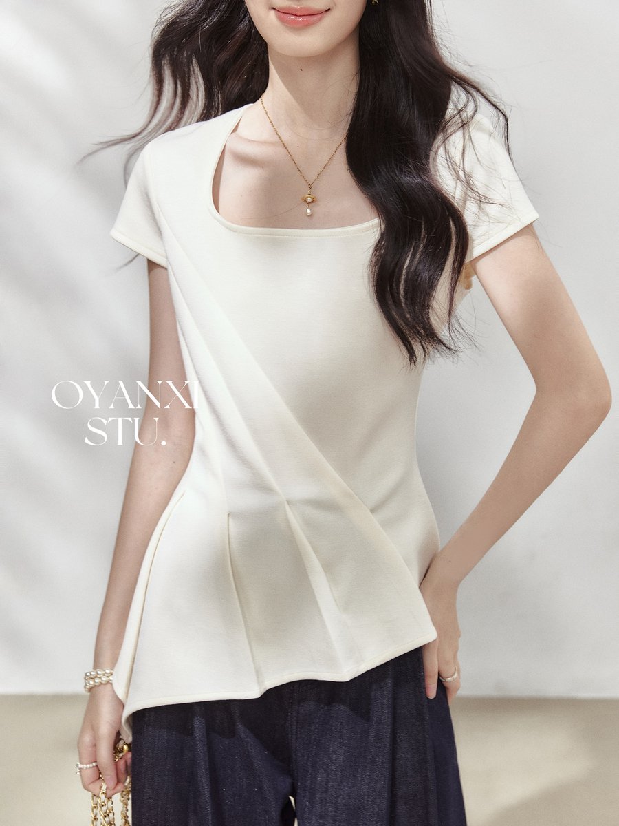 OYANXI スクエアネック フリル 半袖Tシャツ