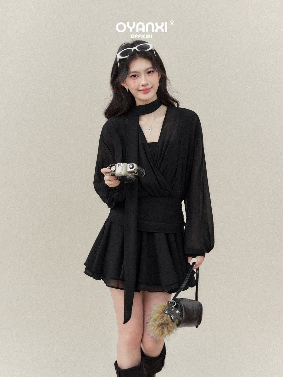 OYANXI Vネック 長袖ロングワンピース ニットチューブトップ付き