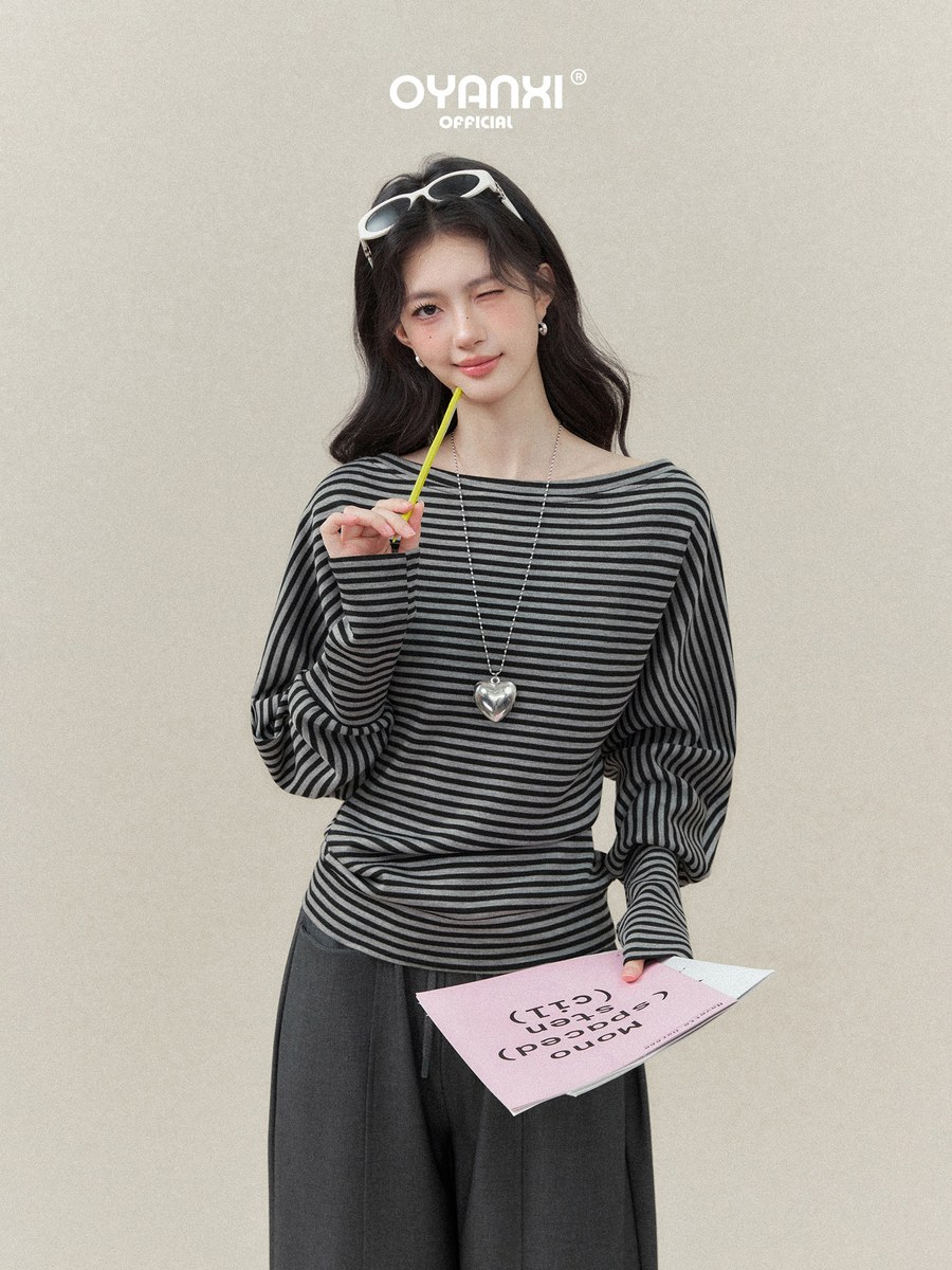 OYANXI ボーダー アシンメトリーネック 長袖Tシャツ