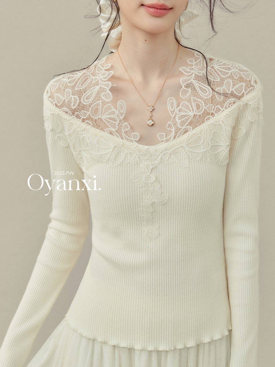 OYANXI レース切り替え 長袖ニットTシャツ