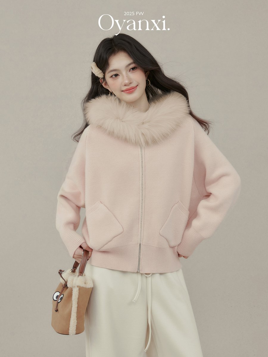 OYANXI ファーフード付き ニットカーディガン