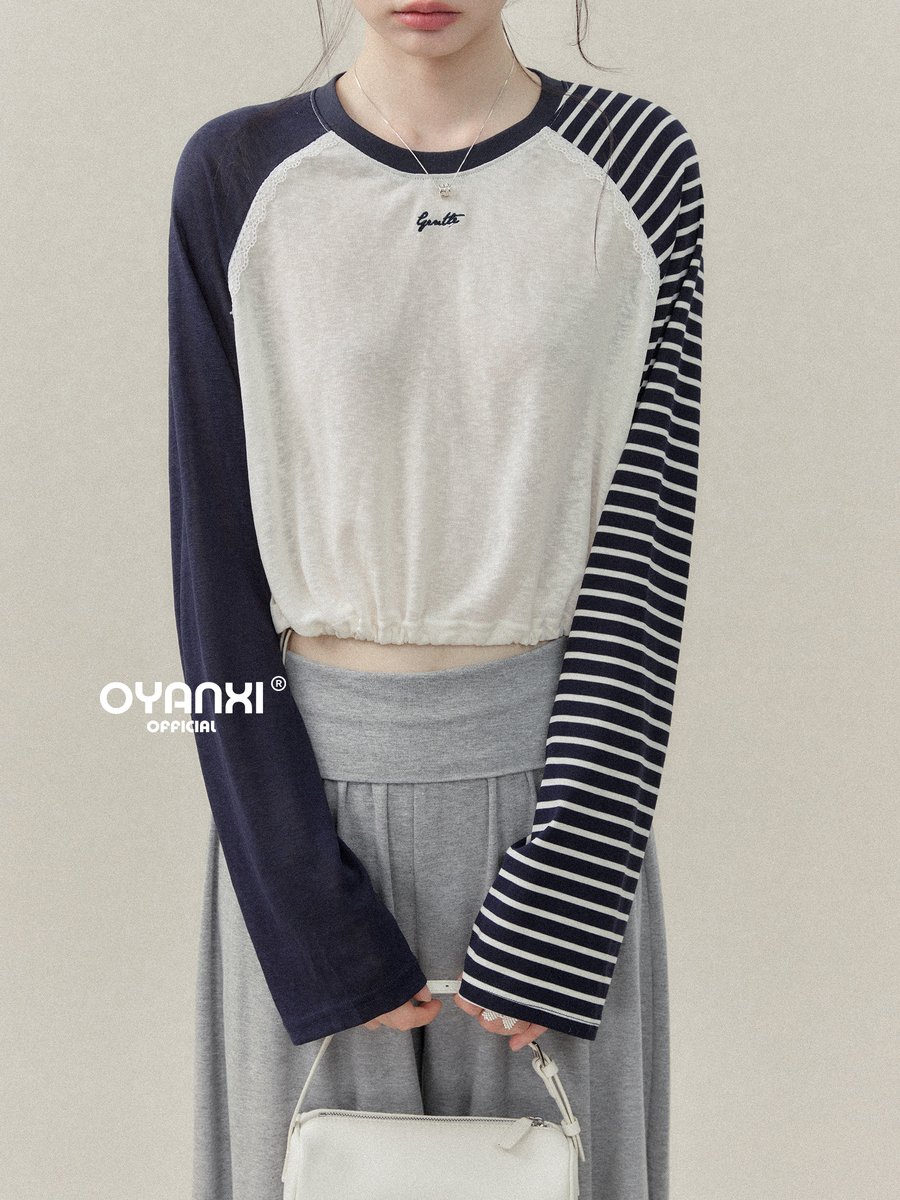 OYANXI アシンメトリー 配色 ドロストヘム 長袖Tシャツ
