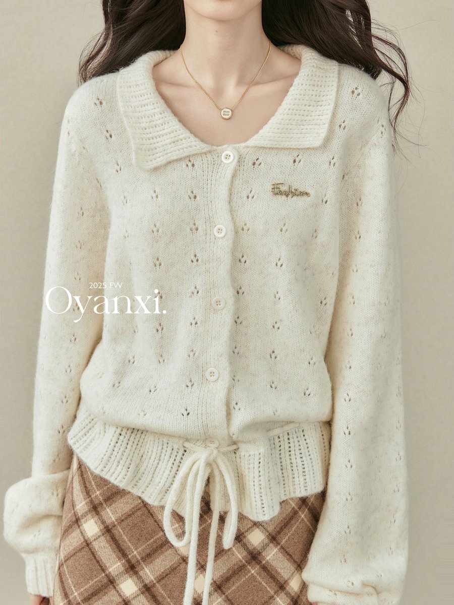 OYANXI 襟付き かぎ編み 透かし ニットカーディガン