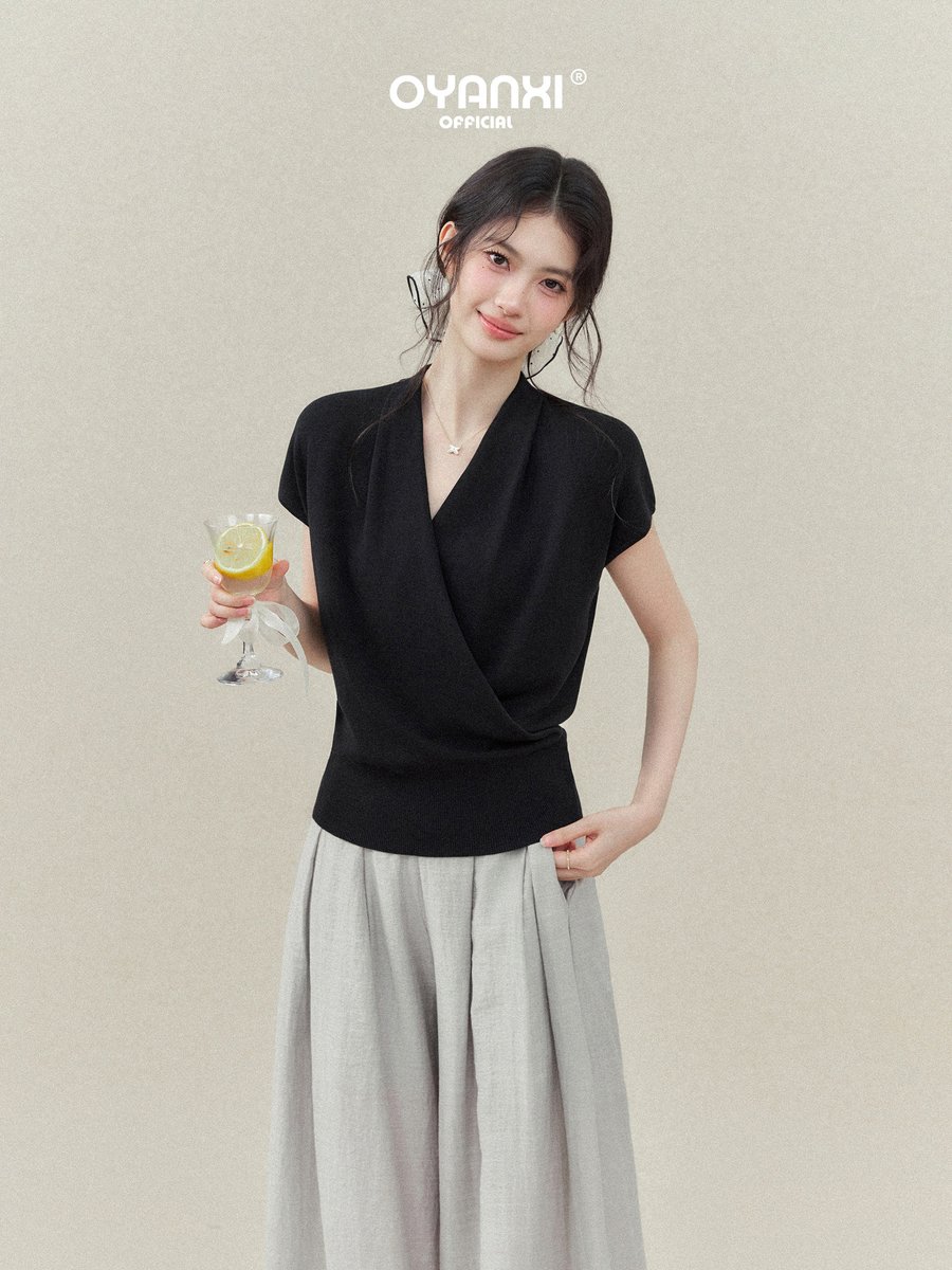 OYANXI Vネック スリム ウエストシェイプ Tシャツ