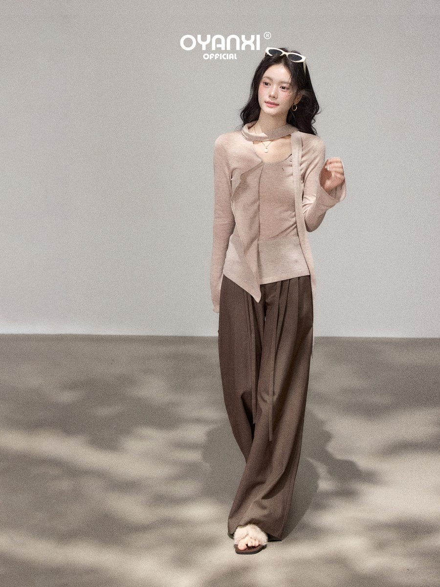 OYANXI ダブルタック ベルト付き ハイウエスト ワイドパンツ