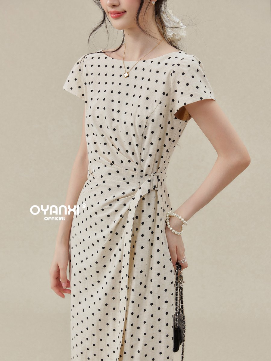 OYANXI ドット柄 クルーネック 半袖ロングワンピース