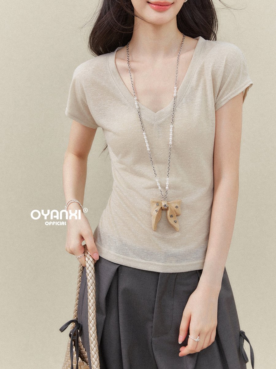OYANXI Vネック ウエストシェイプ 半袖Tシャツ