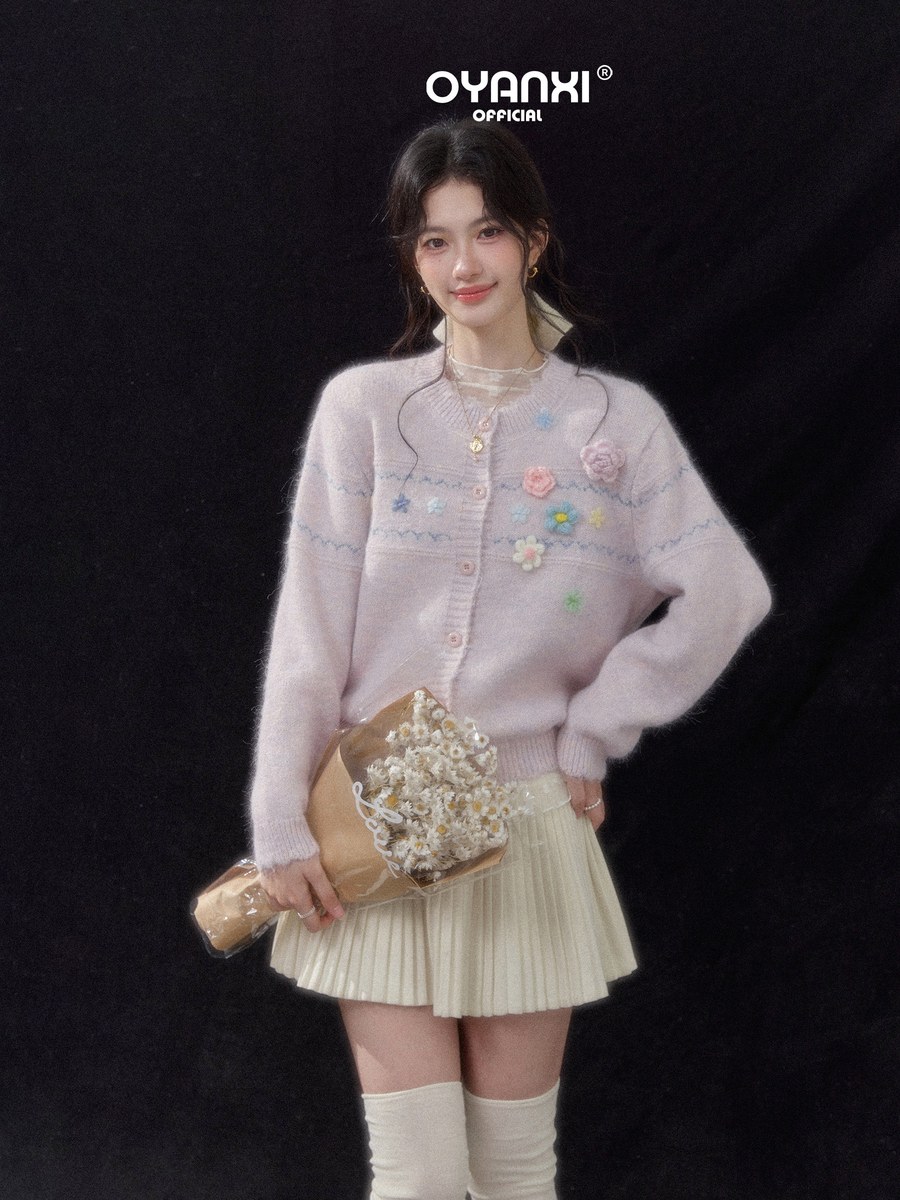 OYANXI マルチカラー 立体フラワー 長袖ニットカーディガン