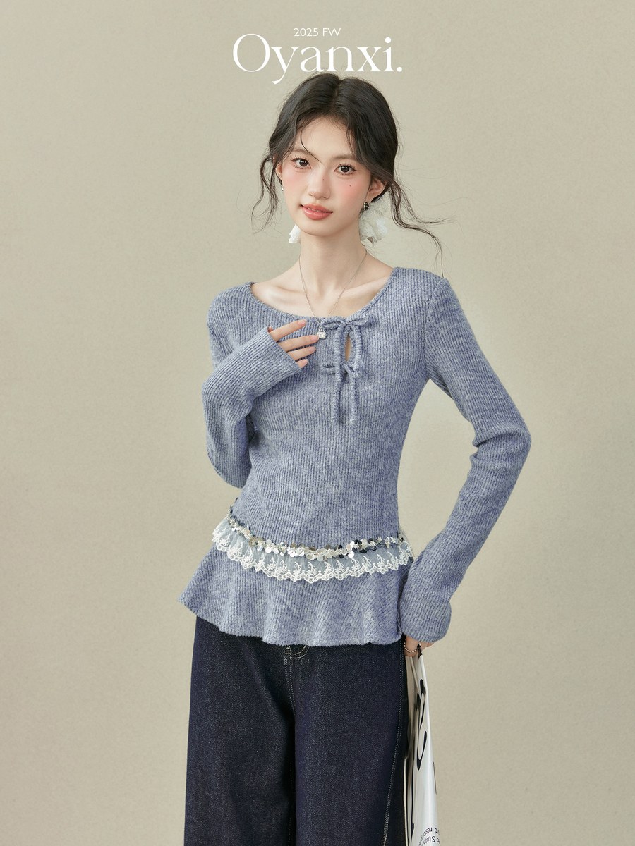 OYANXI レース切り替え リボン ニット長袖Tシャツ ブルー