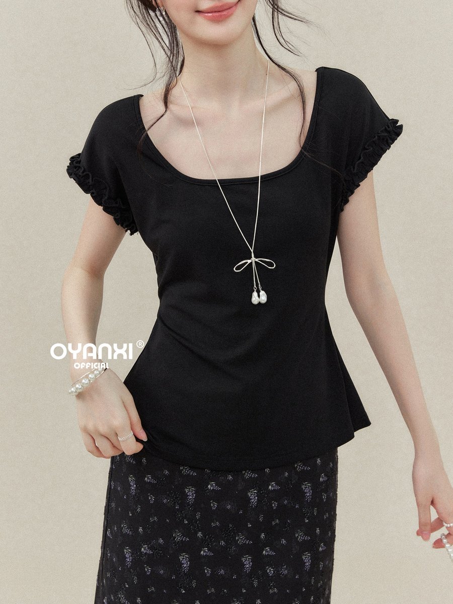 OYANXI スクエアネック フリルスリーブ 半袖Tシャツ