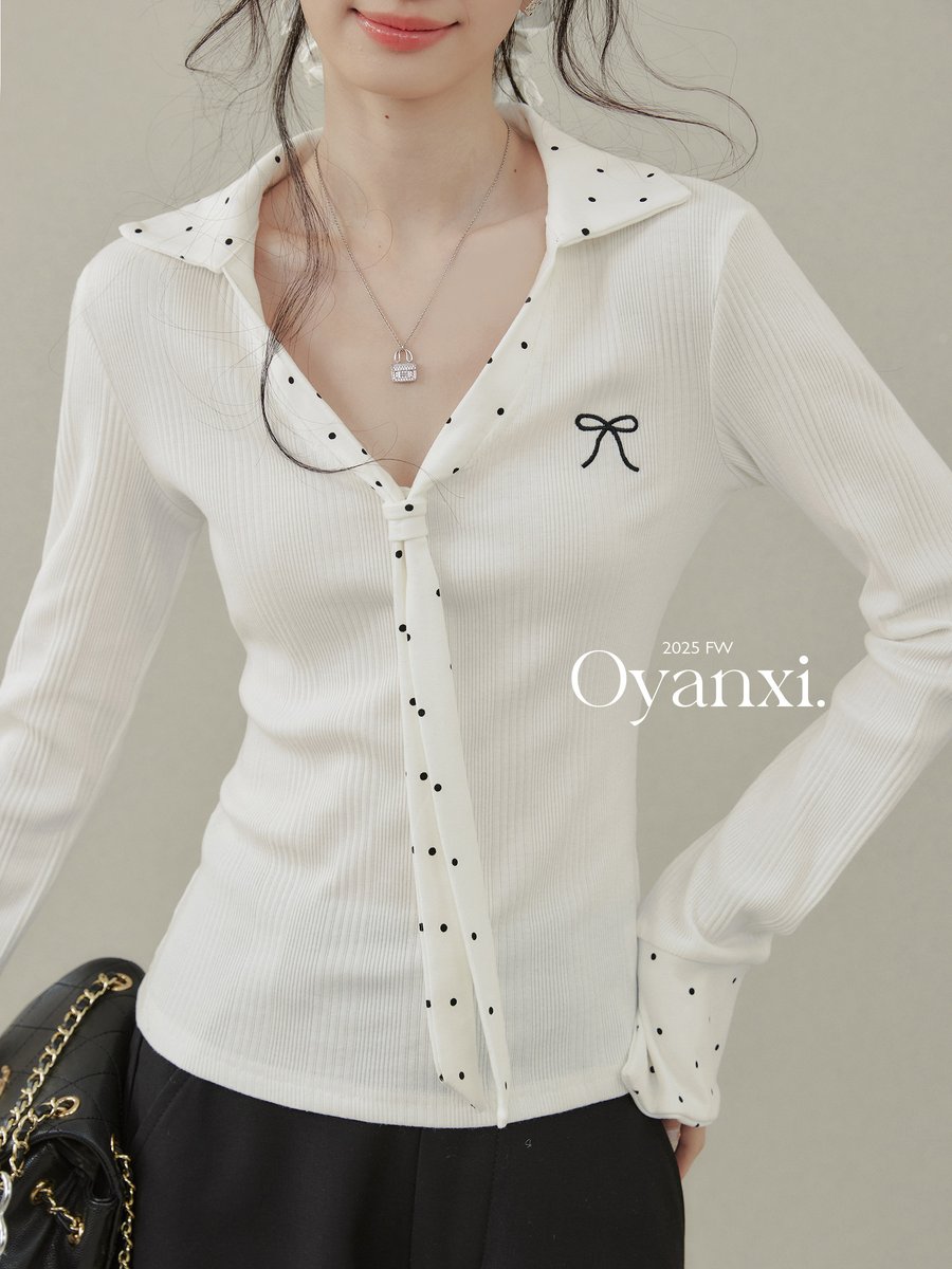 OYANXI ドット切り替え ポロカラー 長袖カットソー