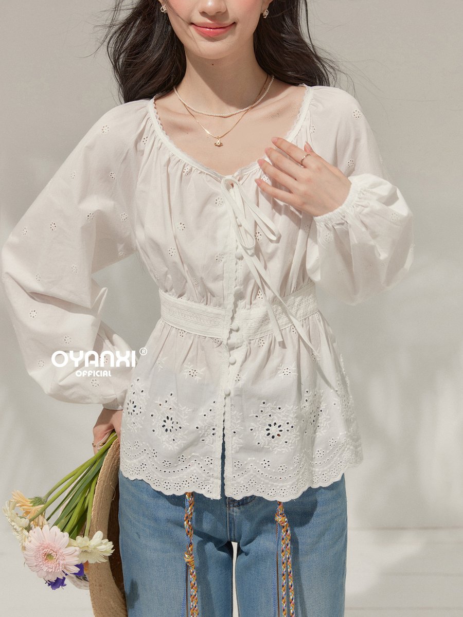 OYANXI Vネック ランタンスリーブ 透かしブラウス