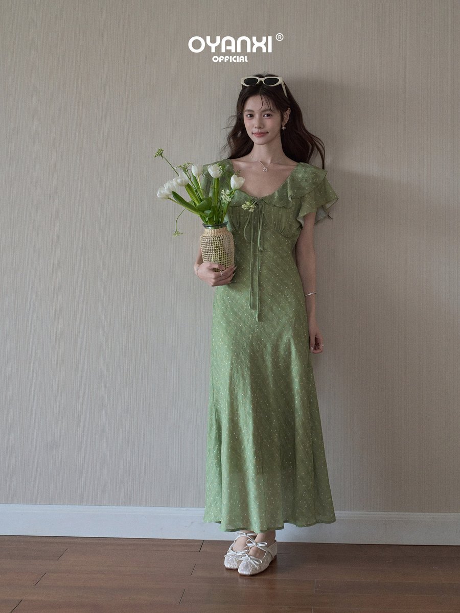 OYANXI 小花柄 Vネック フリルスリーブ ロングワンピース