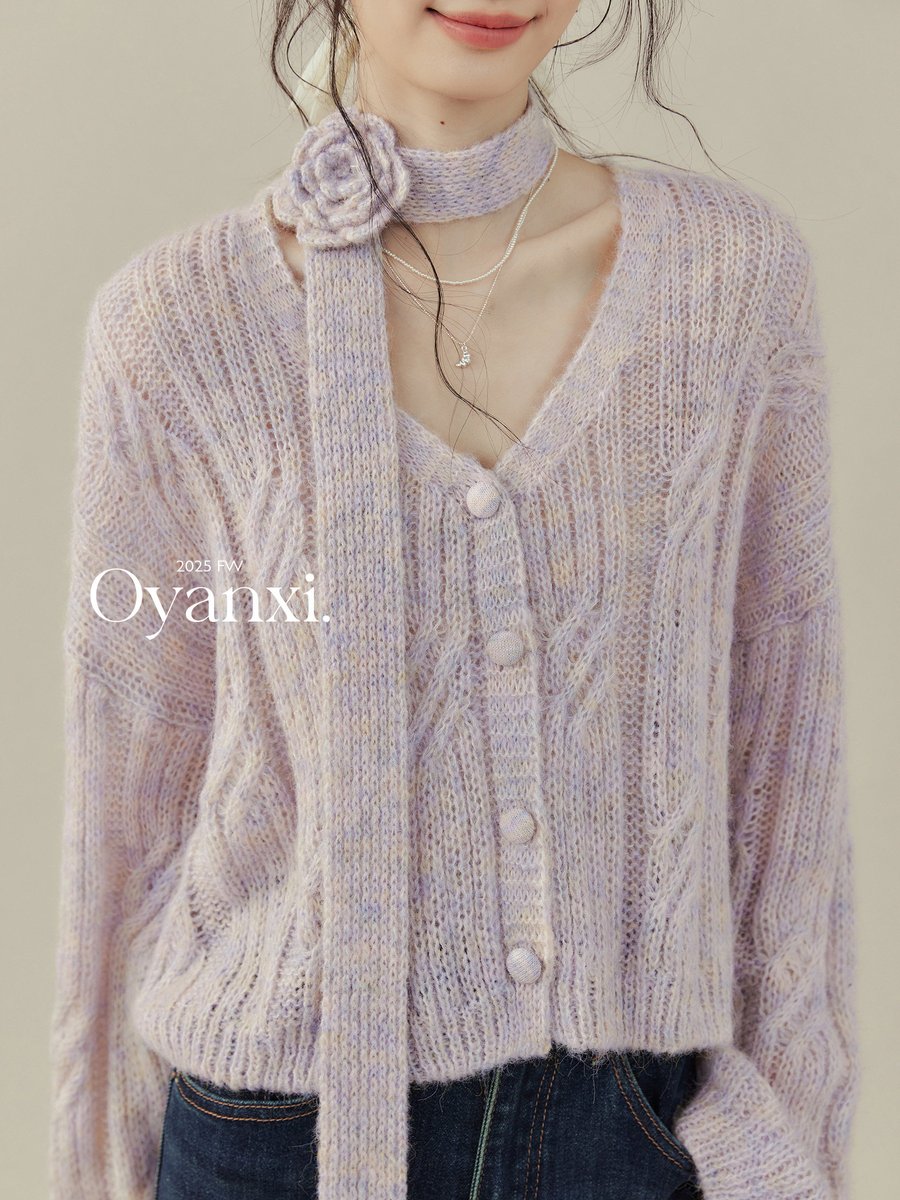 OYANXI リボンタイ Vネック 長袖ニット パープル
