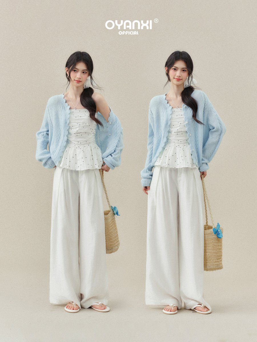 OYANXI ドット柄キャミソール＆透かし編みニット 2点セット