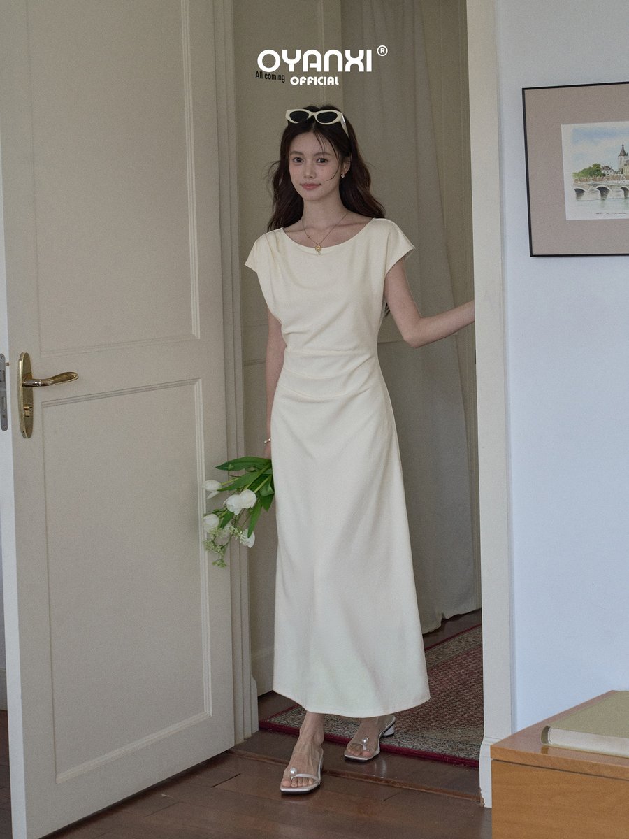 OYANXI ボートネック すっきりシルエット 半袖ロングワンピース