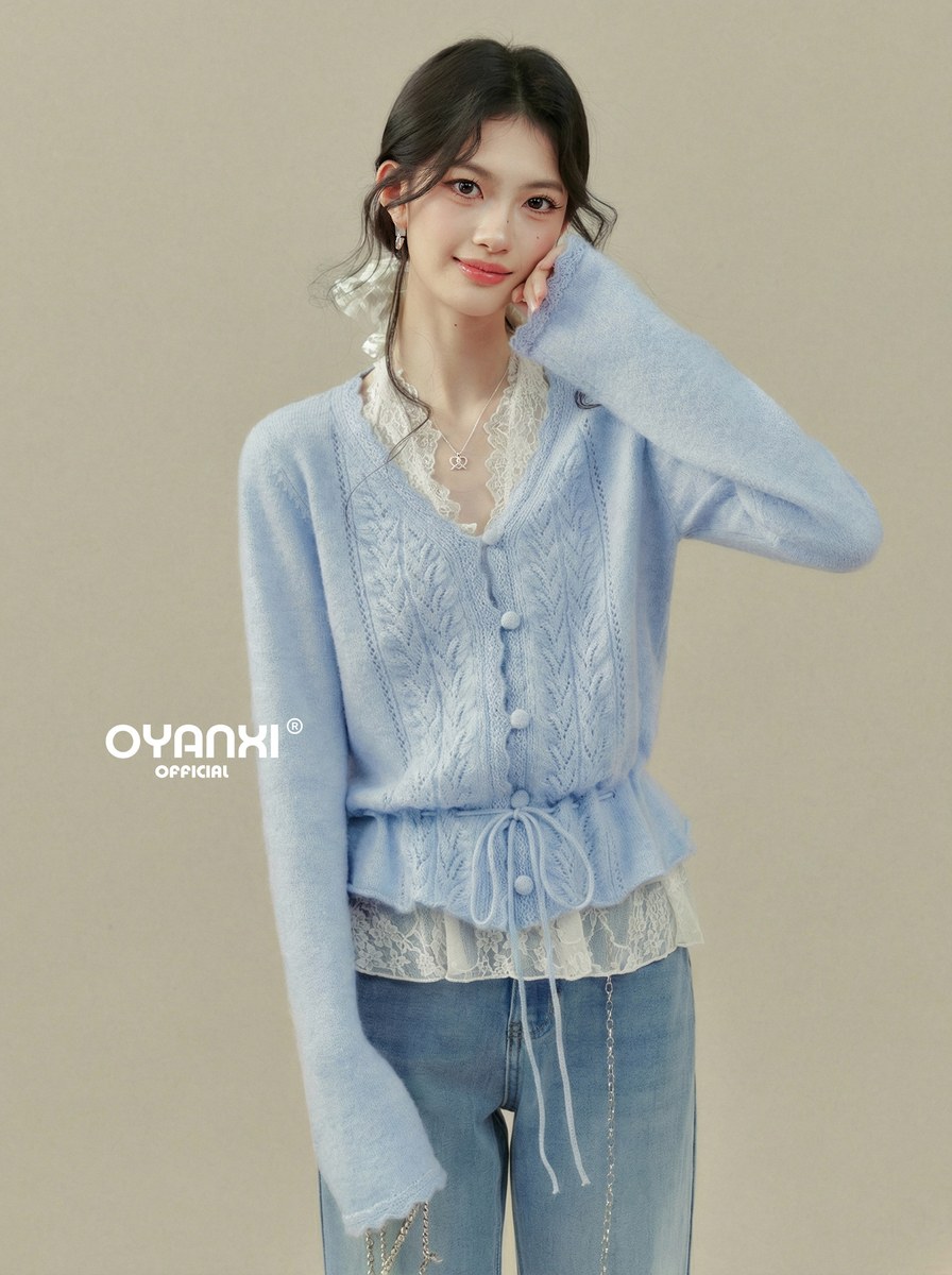 OYANXI ドロスト 透かし編み Vネック ニットトップス