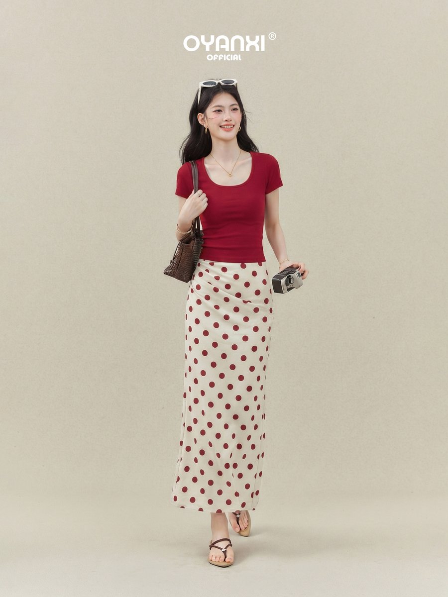 OYANXI Uネック ショート丈 スリム 半袖Tシャツ