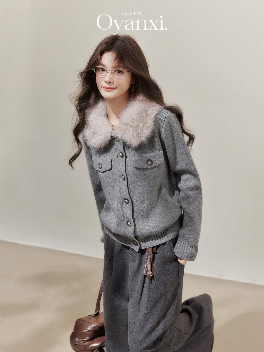 OYANXI ファーカラー ゆったり ニットカーディガン