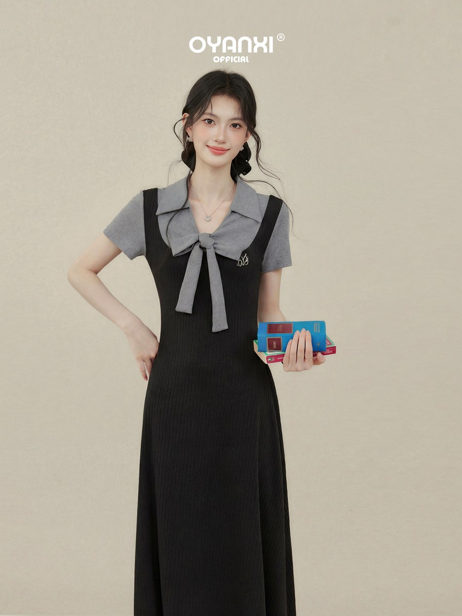 OYANXI 襟付き フェイクレイヤード 半袖ワンピース