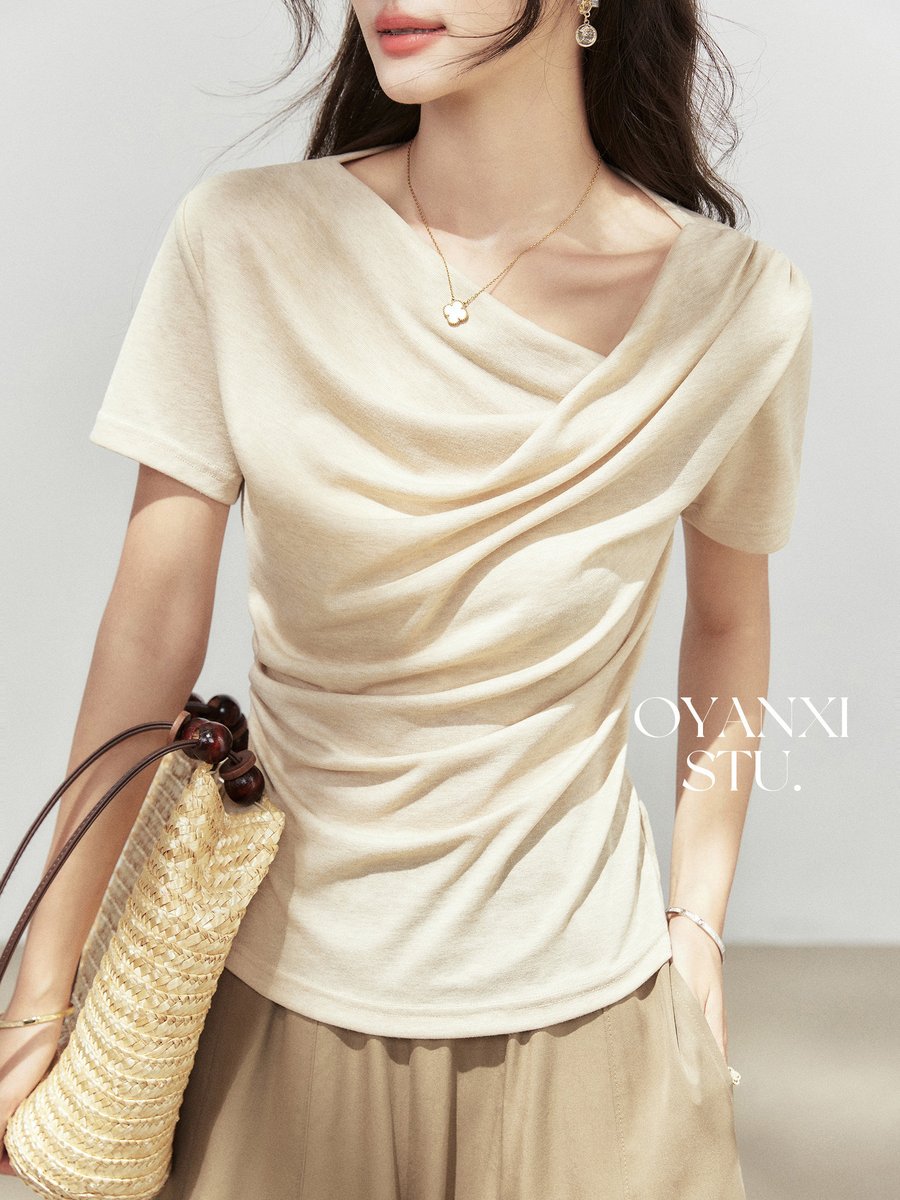 OYANXI ギャザー アシンメトリーネック 半袖Tシャツ