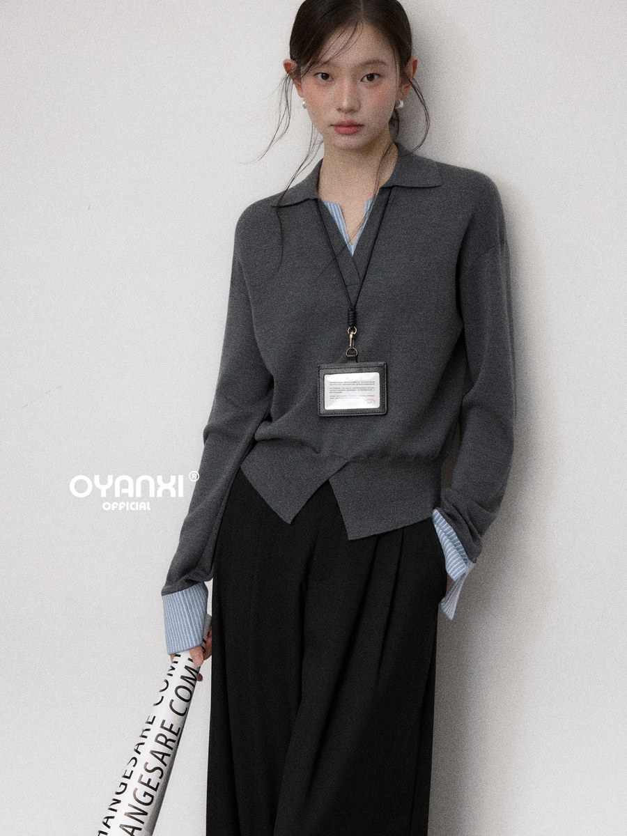 OYANXI 襟付き Vネック フェイクレイヤード ゆったりニット
