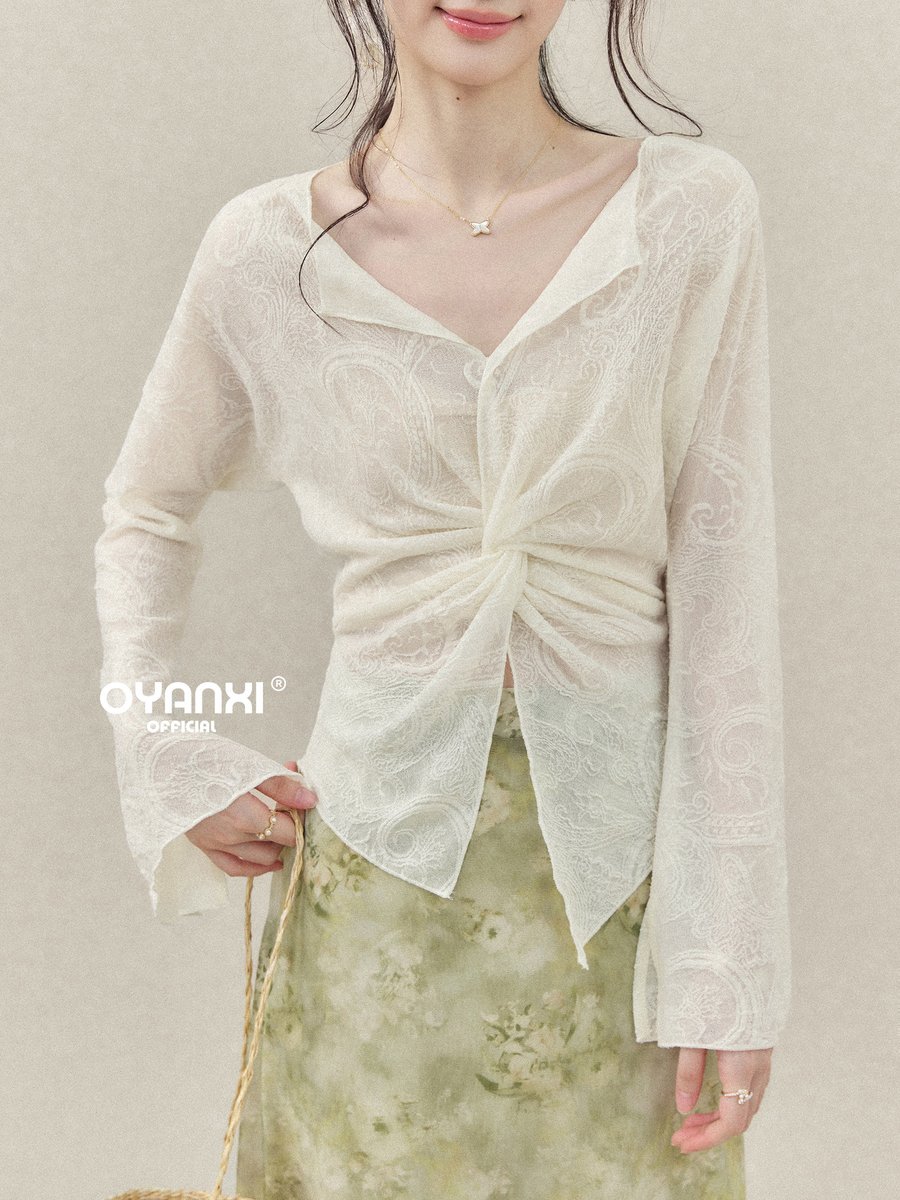 OYANXI レース Vネック フレアスリーブ 長袖Tシャツ
