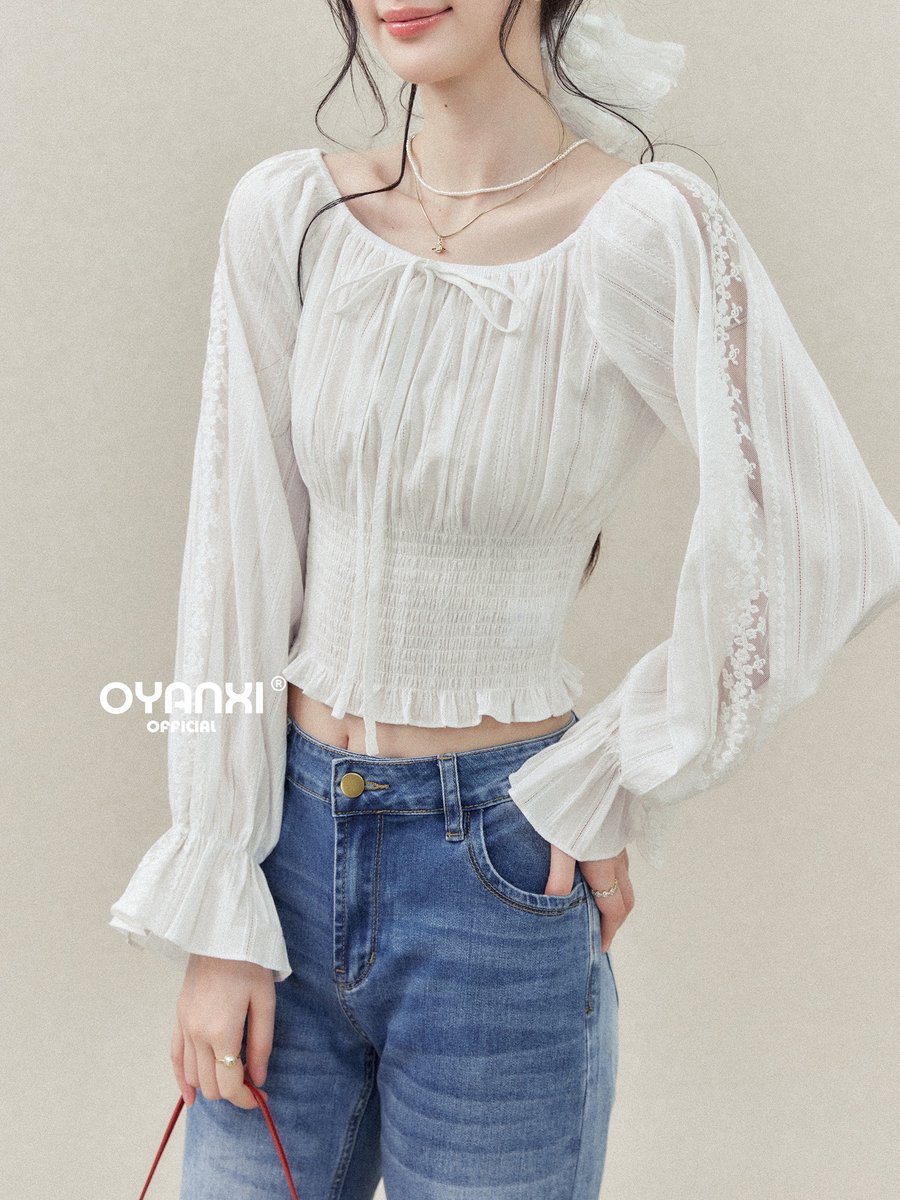 OYANXI レース 透かし ウエストシェイプ 長袖ブラウス